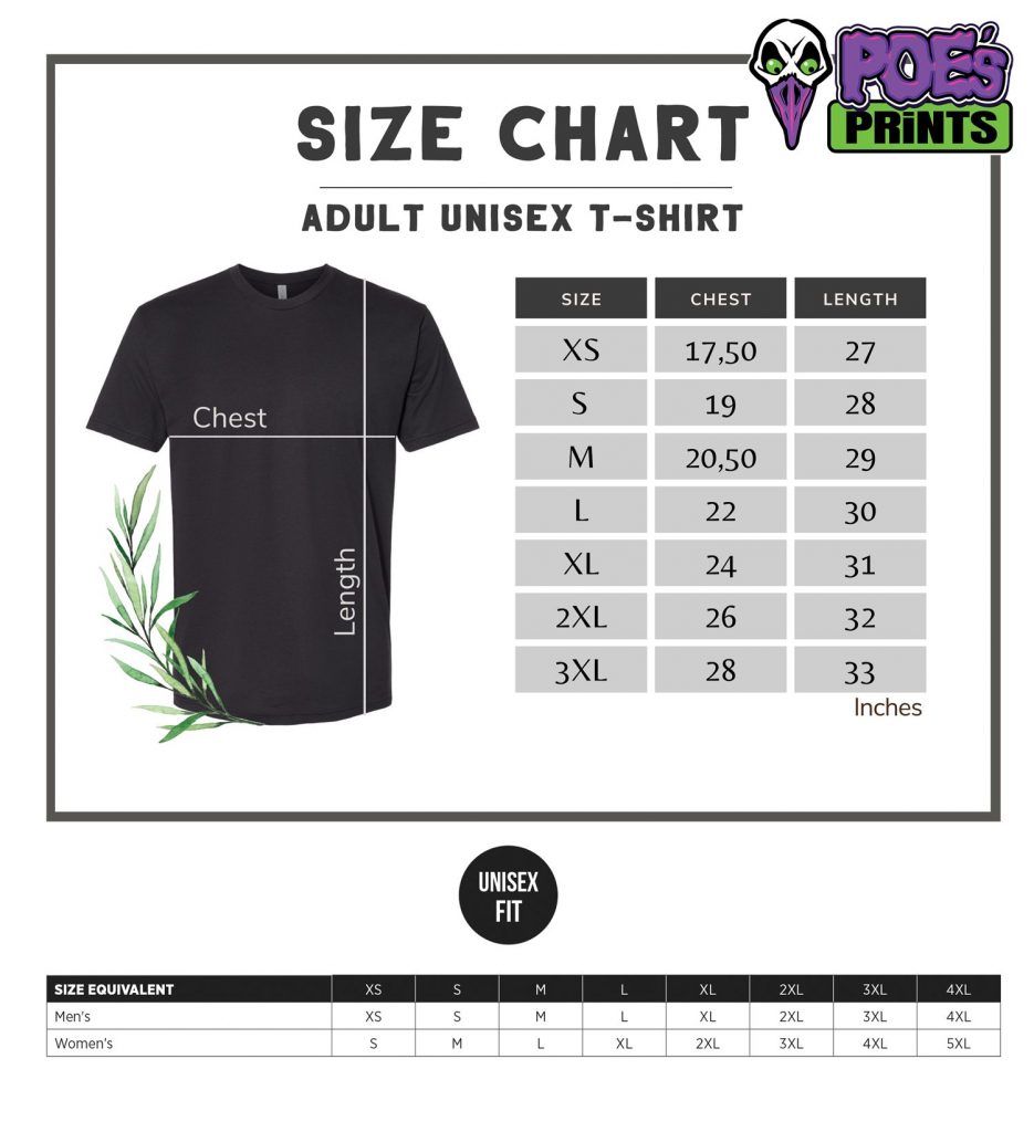Unisex Tee Size Chart - Poe's Prints