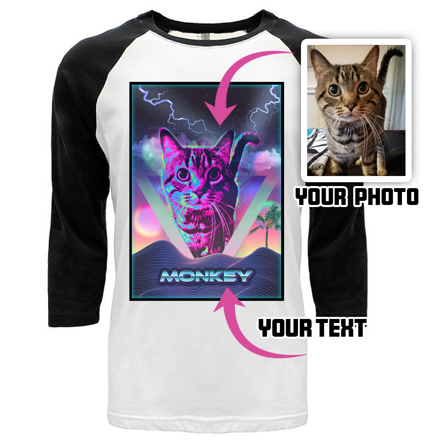 Custom Synthwave Retro Aesthetic - Personalized Cat/Dog Portrait & Text | Ringer or Baseball Tee - Image 4