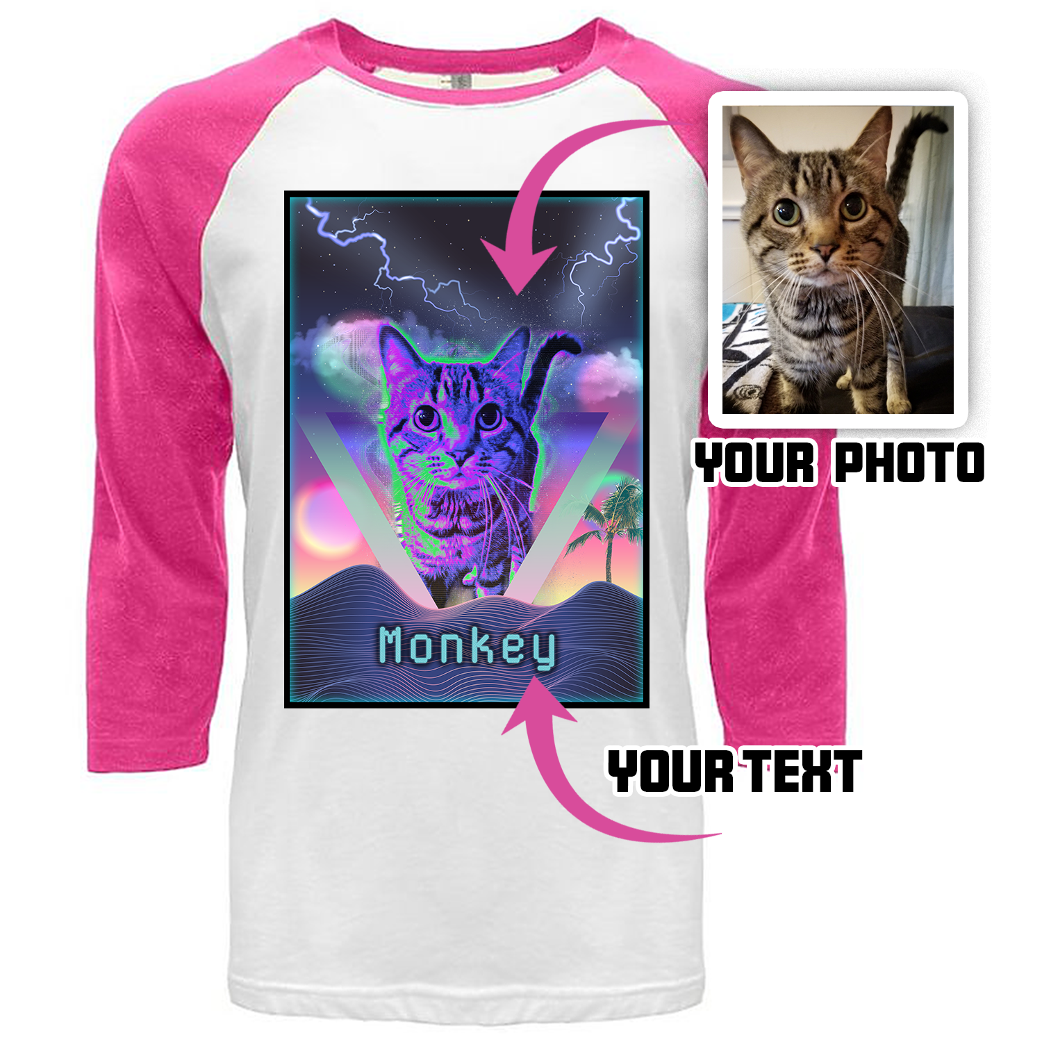 Custom Synthwave Retro Aesthetic - Personalized Cat/Dog Portrait & Text | Ringer or Baseball Tee - Image 3