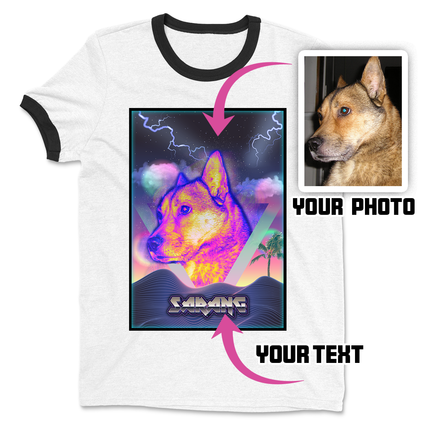 Customized Pet Photo Ringer Tee - Synthwave Retro Aesthetic