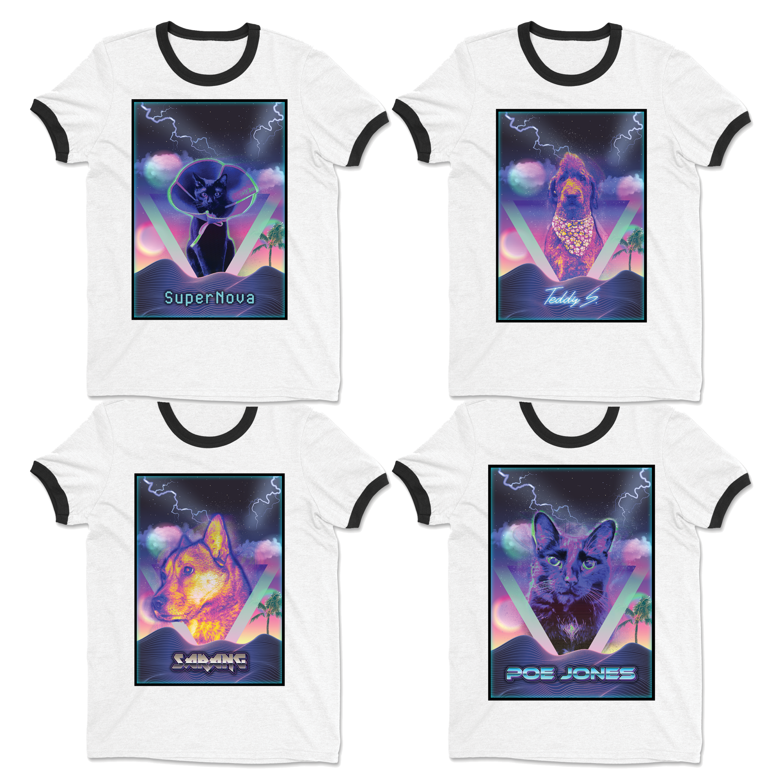 Custom Synthwave Retro Aesthetic - Personalized Cat/Dog Portrait & Text | Ringer or Baseball Tee - Image 5
